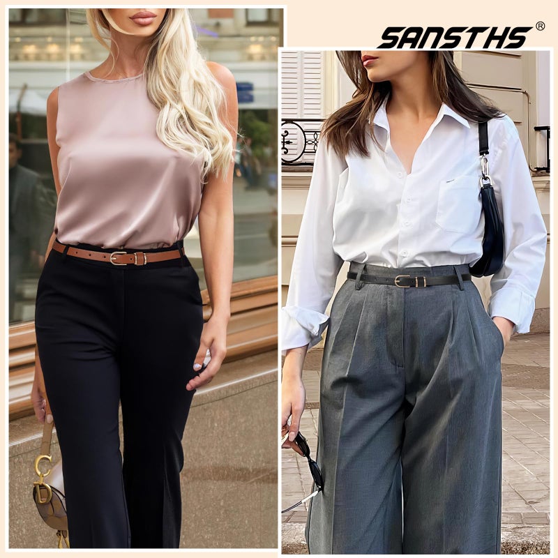 SANSTHS 4 Pack Women Thin Belts for Jeans Dresses Coats Skinny Women Belt with Gold Alloy Buckle, Black+Brown+White+Leopard M - Image 2